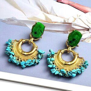 NWT Gold Natural Turquoise Gemstone Dangle Drop Statement Earrings